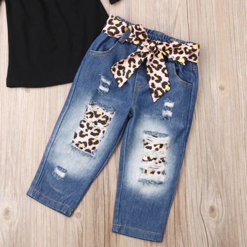 Toddler Newborn Baby Girl Off Shoulder Leopard Tops+Denim Pants Outfits Set 4set - Picture 4 of 5