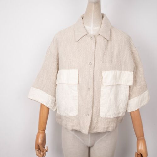 TRANSIT PAR SUCH Women's Lino Cotton Silk Buttons Summer Beige Crop Blazer 3 M/L - Picture 3 of 13