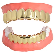 14k Gold Plated 8 Teeth Grill Top Bottom Set Grillz Custom Fit Hip Hop Fashion