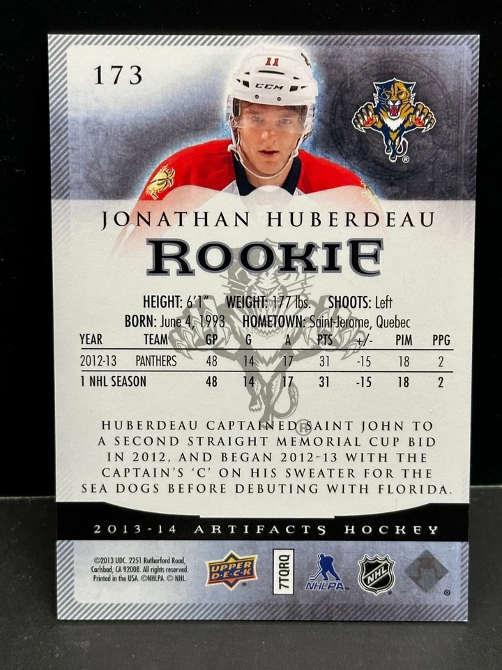 Jonathan Huberdeau 2013-14 Upper Deck Artifacts Sapphire RC #173 Panthers #d /85 - Image 2 of 2