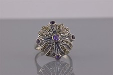 Sterling Silver 20mm Purple Amethyst Marcasite Accented Dome Band Ring 925 Sz: 8