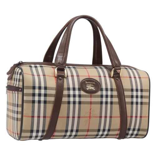 Burberrys Nova Check Boston Bag Canvas Beige Gold Auth 203894V