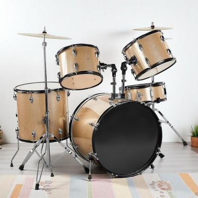 5-Piece Full Size Adult Beginner Drum Kit - Stool Cymbal Pedal Sticks Gold