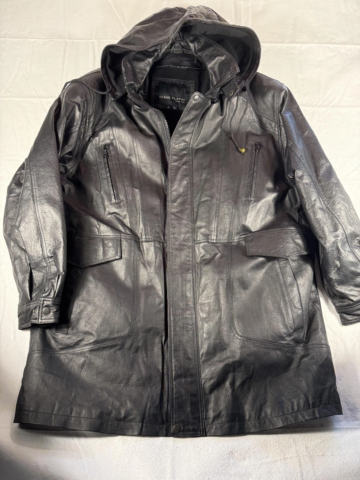 Serge Platini Coat Mens XL Black Hooded Leather Parka Zip Pockets Lined Winter