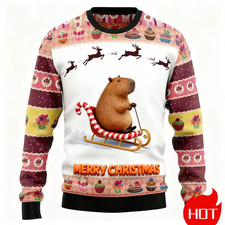 Ugly Christmas Sweatshirt, Cute Capybara Sleigh Ride, Festive Holiday Knit