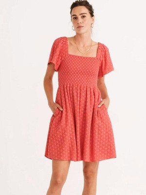 Madewell Lucie Red Eyelet Midi Dress M Smocked Flutter Sleeve Cottagecore