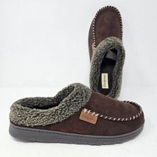 Dearfoams Mens Brown Microsuede Moccasin Clog Slippers Faux Shearling Size 9-10