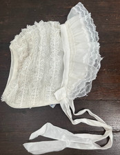 Antique Vintage Sheer Baby Bonnet Lace Ruffles Doll Easter Christening Sz 13