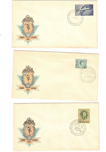 Australia 1958/59 UNADDRESSED OFFICIAL FDCs       Lot 3   (3 items)
