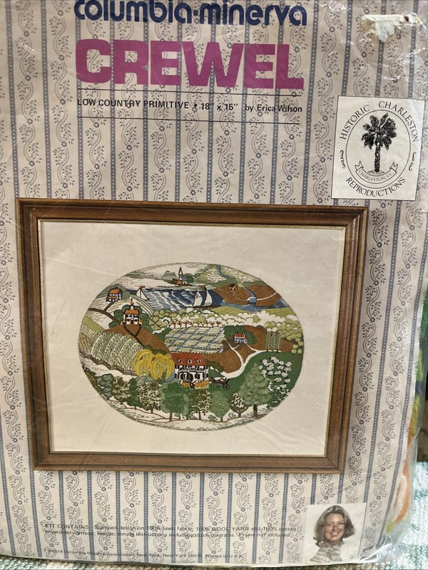 1975 Columbia-Minerva Crewel #7515 Low Country Primitive 18" x 15" By E. Wilson