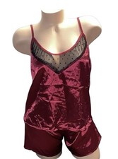 2PC Deep Red Vintage Satin Shiny Slippery Camisole Sleep Shorts Set