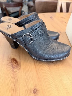 Sofft Black Leather Mule Heels Almond Toe Block Heel Buckle Woven US 9