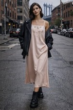 VTG 90s Natori Satin Maxi Slip Dress Small Peach Fairycore Grunge Kaftan Gown