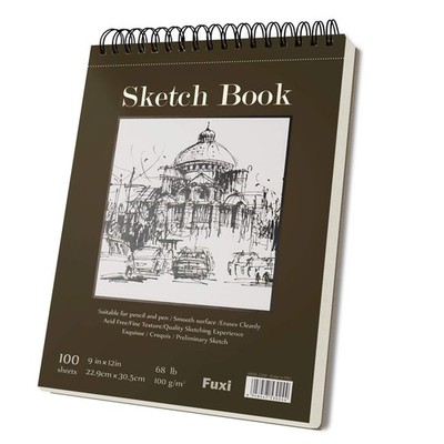 Durable Fuxi 9x12'' Top Spiral Sketchbook, 100 AcidFree 68lb Sheets, Artists