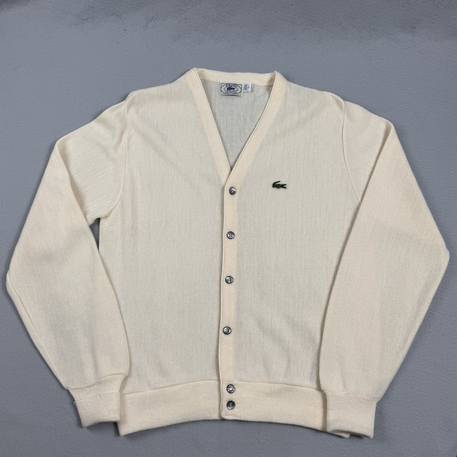 Vtg IZOD Lacoste Cardigan Sweater Mens Large Cream V-Neck Alligator USA Grandpa