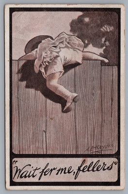 Wait Fer Me Fellers Girl Climbing Over Fence Signed Hayden Postcard