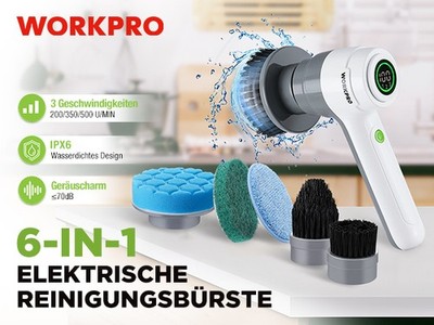 WORKPRO 8V Elektrische Reinigungsbürste,USB-Ladung,mit 6 Bürstenköpfen für Küche