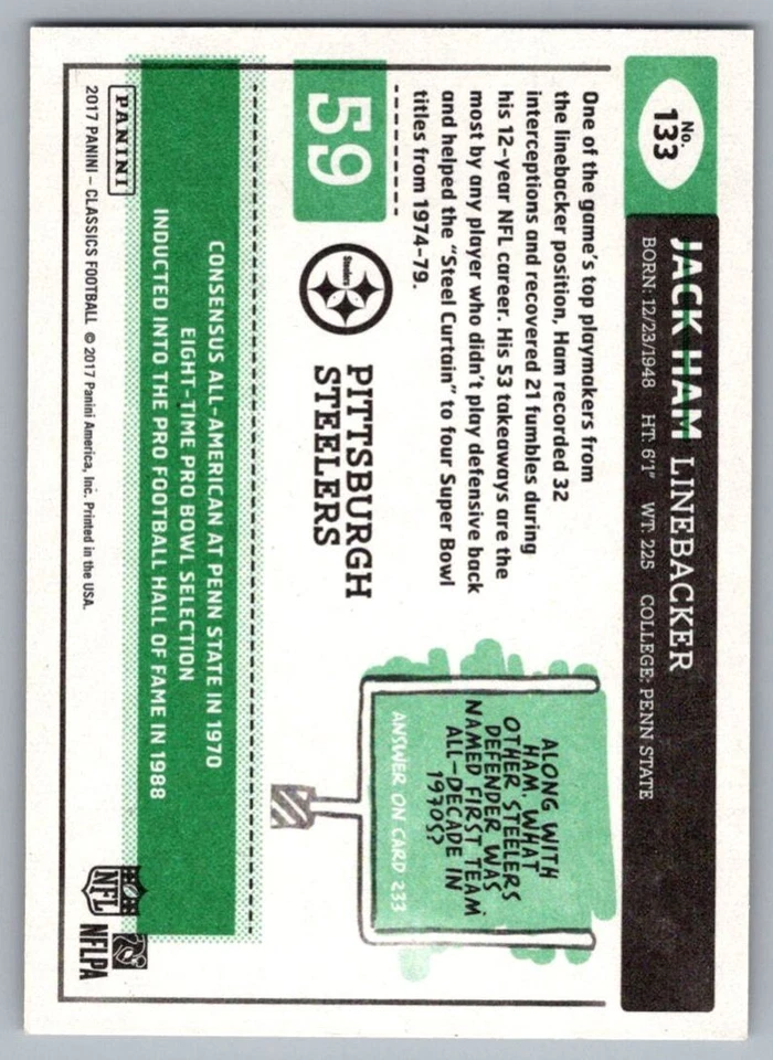 2017 Panini Classics Glossy (Gold Border) Jack Ham Pittsburgh Steelers #133 - Image 2 of 2