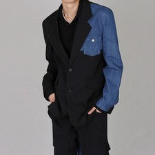 Tuta uomo top, denim splicing, cappotto giacca tuta ampia colore bloccato nero e blu