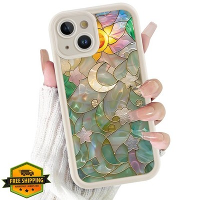 FBHGLOA Stained Glass Phone Case for iPhone 14 6.1'', Aesthetic Sun Moon Star ...