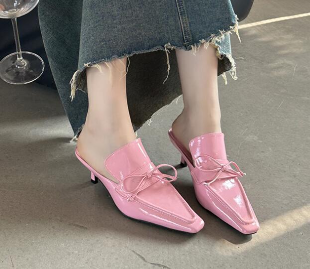Womens Fashion Summer Pointy Toe Bowknot Patent leather Mules Kitten Mid  Heels