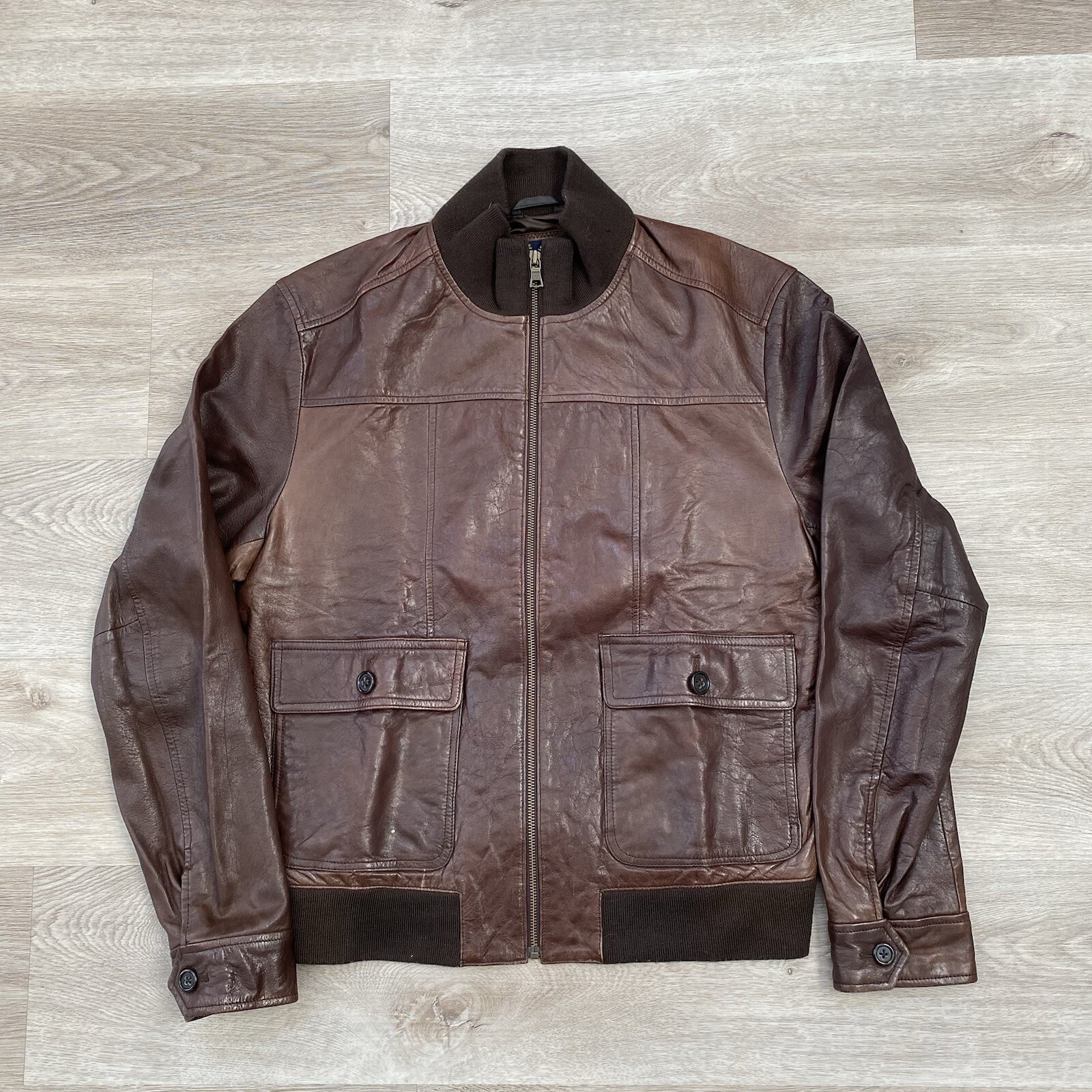 De Colección Banana Republic Cuero Lana Chaqueta de Vuelo Moto Bombardero Cremallera Hombre’s Talla Grande