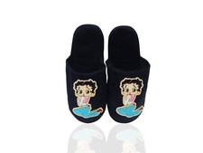 Betty Boop Soft Women's Plush Scuffs Non-Skid Slippers Black Sparkle 