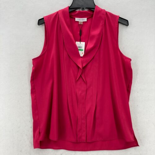 Calvin Klein Women’s Sleeveless Top Large Pink Pleated Collar Business Career