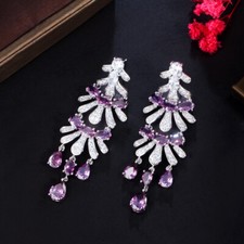 Silver Plated Purple CZ Long Dangle Drop Bridal Engagement Chandelier Earrings