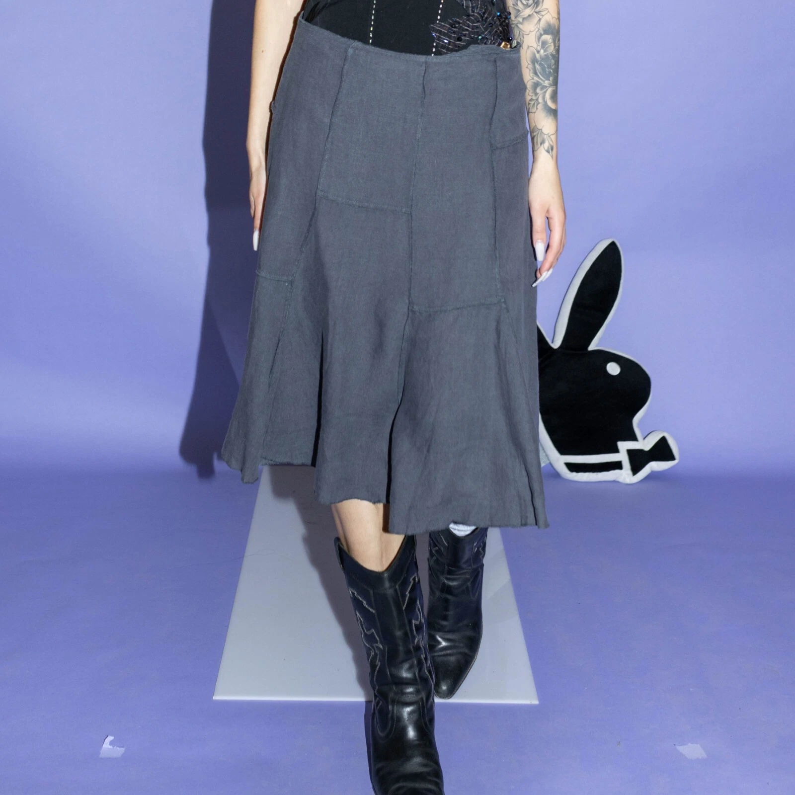 Vintage Y2K patchwork linen midi skirt in asphalt grey