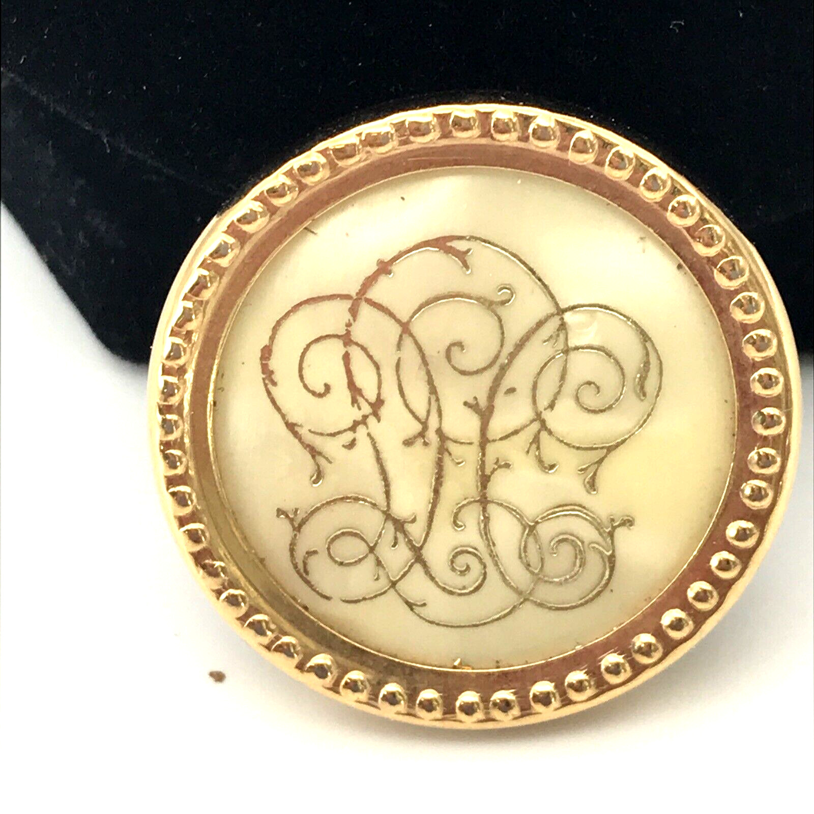 MOP Embossed Scrollwork Etched Round Goldtone Bro… - image 1