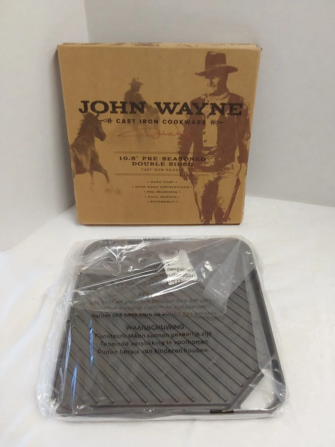 John Wayne 10.5 Pre-seasoned Double Sided Cast Iron Griddle W/Dual Handle