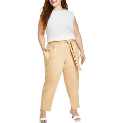 Calvin Klein pants Womens 22W Tan Linen High Waist tie ankle crop NEW pockets