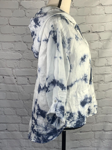 NUEVO Rachel Zoe 100% Lino Tie Dye Botones Prensa Enrollable Manga Capucha Top Bolsillos S - Imagen 10 de 24