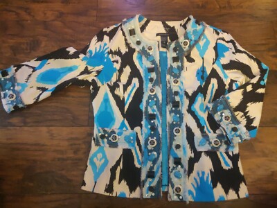Boston Proper Sz M Summer Blazer Turquoise/White Embellished Beads ptp 19''