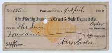 Fidelity Insurance Trust & Safe Deposit Phila. Cheque bancario 1900 con sello de revoluciones