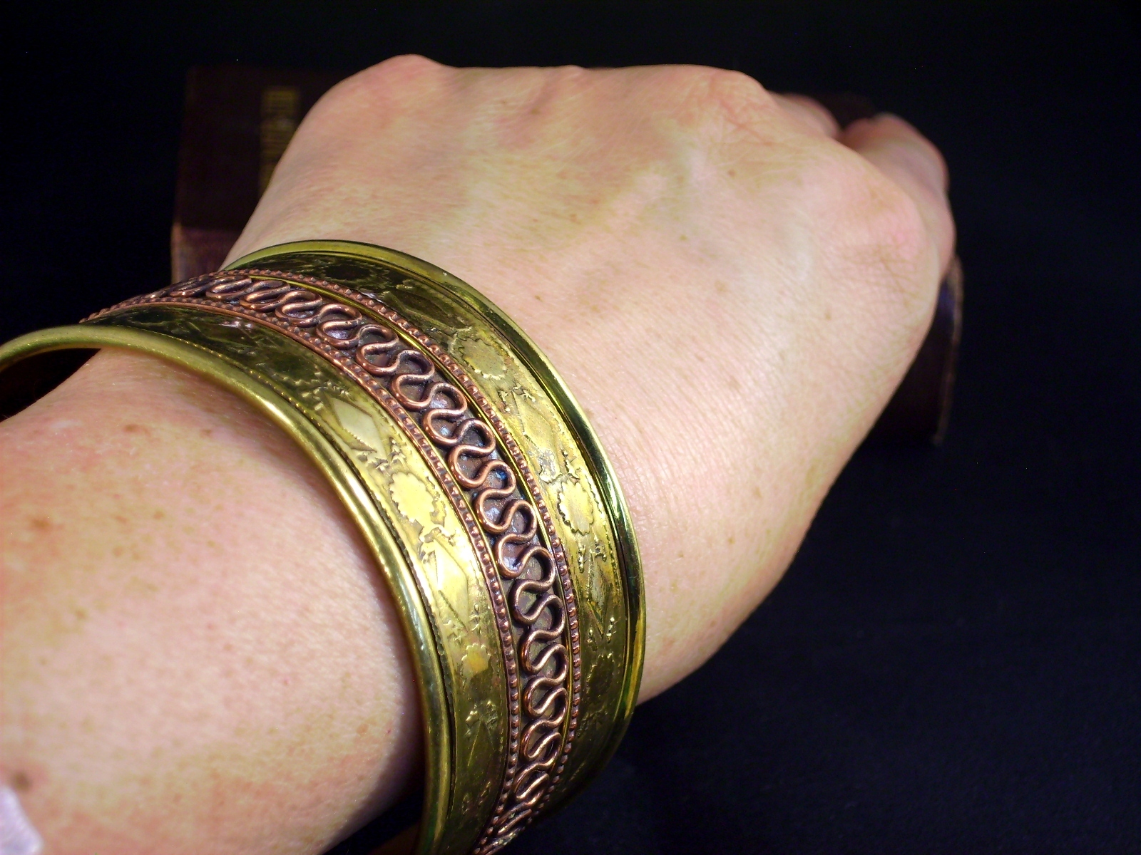 Brass Copper Cuff Bracelet Geometric Embossed Pat… - image 4