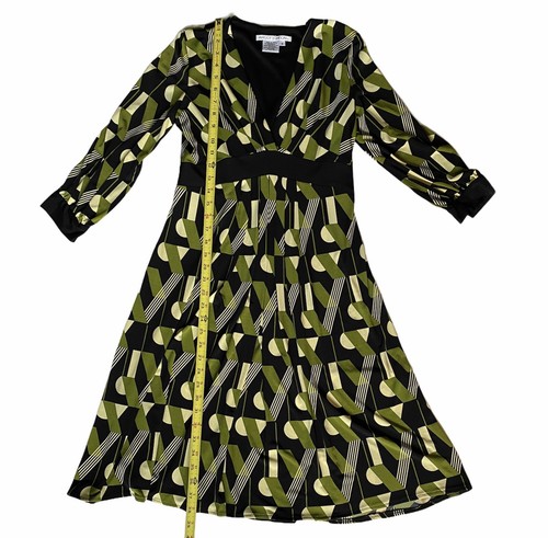 Maggy London Womens 8 Geometric Green Black Retro Fit & Flare Dress Stretch NWT - Picture 2 of 8