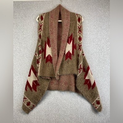 Southwest Cardigan Sweater Aztec Fuzzy Sleeveless Warm Cream Red Rodeo M/L women