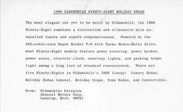 1966 Oldsmobile Ninety-Eight Holiday Sedan Press Photo and Release 0101 - Image 2 of 2