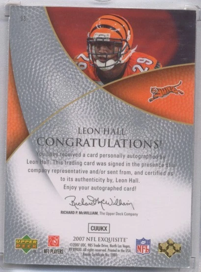 2007 EXQUISITE Leon Hall AUTO Upper Deck RC Rookie Card Bengals Michigan #/150 - Image 2 of 2