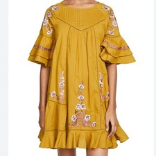 Free People Pavlo Embroidered Mini Dress Mustard Yellow Boho Bell Sleeve XS