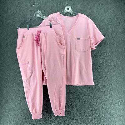 FIGS Scrub Set Womens 2XL Top XL Pants Pink Stretch V Neck Jogger READ DESC