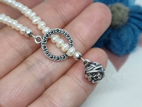 Genuine PANDORA Silver &14k Gold Woven Splendor Pearl Necklace 0.02ct Diamond - Picture 5 of 12