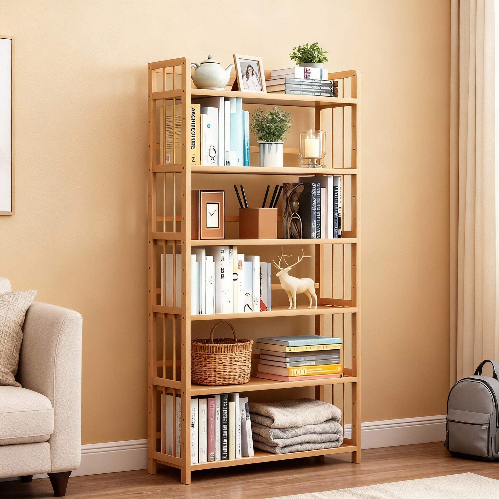 Tall Bamboo Bookshelf &ndash; Adjustable Shelves, Narrow Freestanding Storage Rack