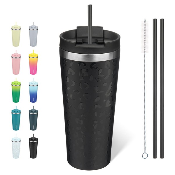 Isolierter Edelstahl Becher 22Oz Mit Deckel & Strohhalm, Schwarz Leopard-image