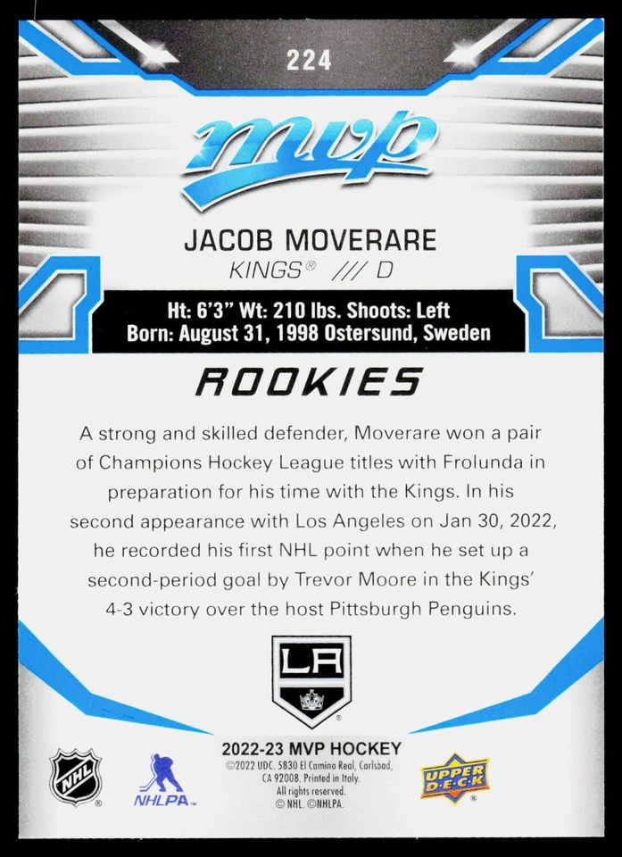 2021-22 Upper Deck MVP Blue Jacob Moverare #224 Los Angeles Kings - Image 2 of 2