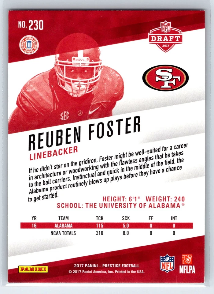 2017 Panini Prestige Reuben Foster Rookie San Francisco 49ers RC #230 - Image 2 of 2