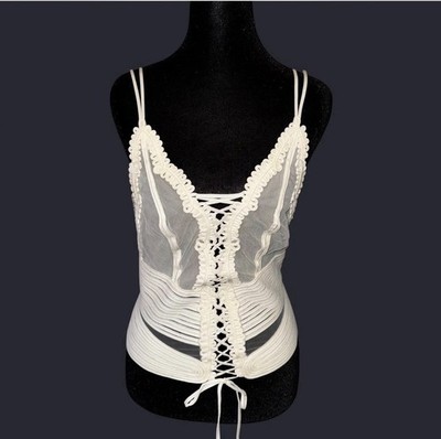 La Perla White Mesh Lace Overbust Bustier Corset Top Zip Lace-Up Size 42