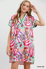 Women's Shift Dress Tropical Print Collared Front Pockets Polyester